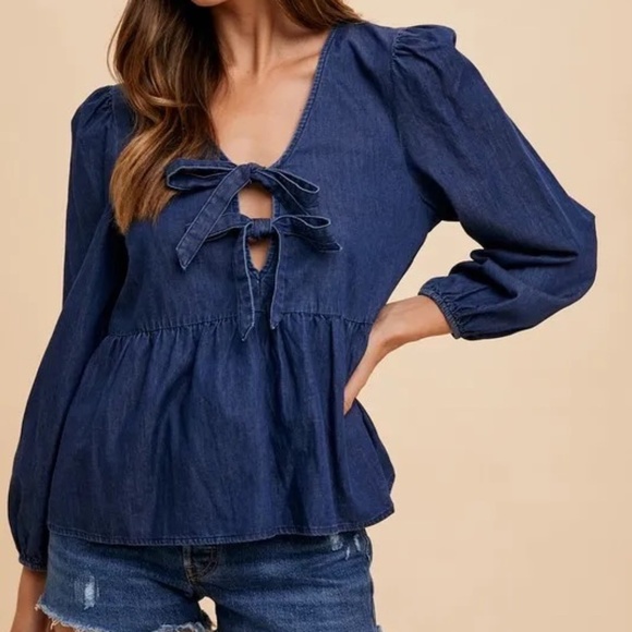 Annie Wear Tie Front Peplum Long Sleeve Denim Top - Picture 1 of 5